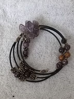 Multi-Strand Purple Bead and Leather Bracelet